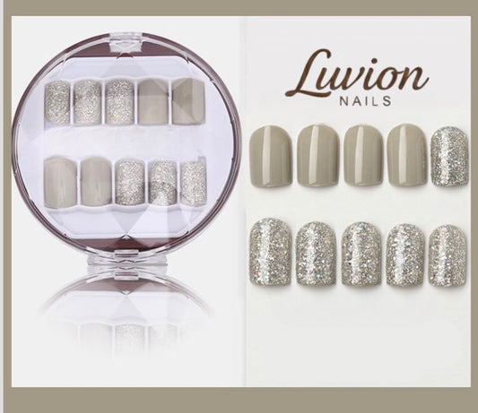 Luvion Nails Premium Press-On Nail Kit – Modern Taupe & Silver Diamond Shimmer (30 Pcs)