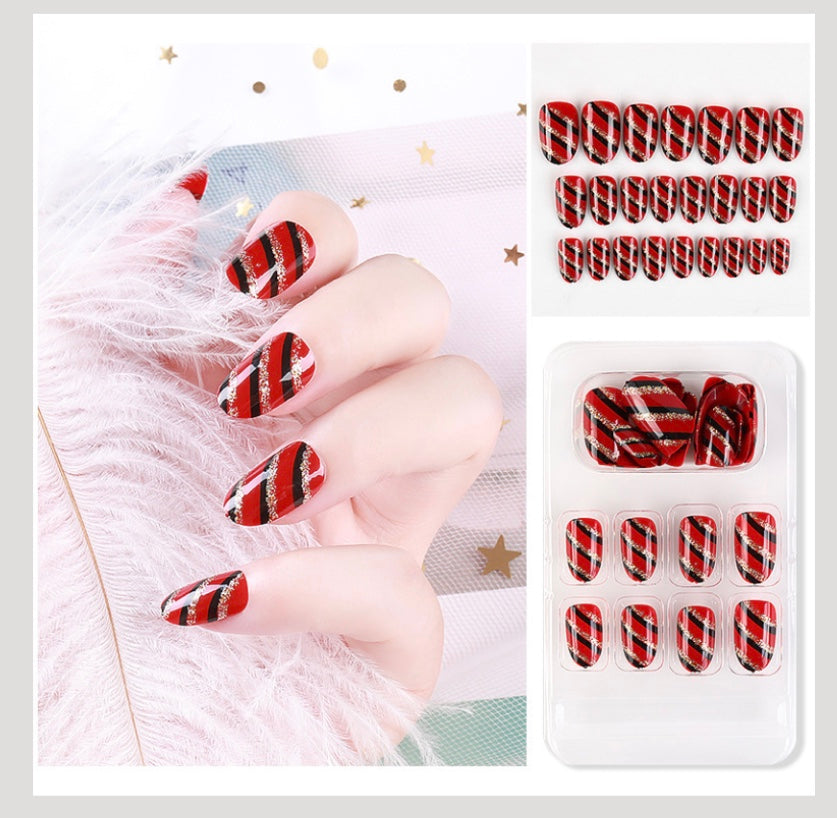 Luvion Nails Premium Press-On Kit – Ruby Royal Stripe & Gilded Glitter (24 Pcs)