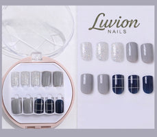Luvion Nails Designer Series – Midnight Plaid & Silver Dust Luxury Press-On Nails (24 Pcs)