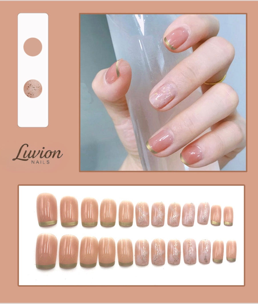 Luvion Nails Designer Series – Gilded Nude & Rose Quartz Marble Luxury Press-On Nails (24 Pcs)