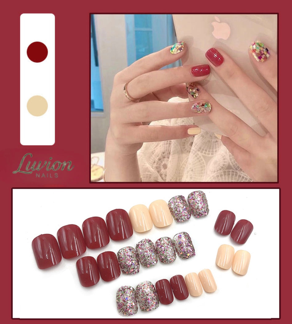 Luvion Nails Designer Series – Crimson Glaze & Party Confetti Luxury Press-On Nails (24 Pcs)