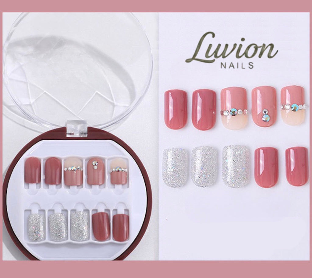 Luvion Nails Designer Series – Blush Rose & Crystal Band Luxury Press-On Nails (24 Pcs)