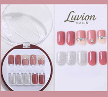 Luvion Nails Designer Series – Blush Rose & Crystal Band Luxury Press-On Nails (24 Pcs)