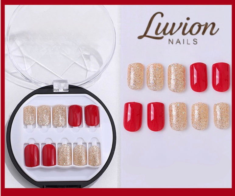 Luvion Nails Premium Press-On Nail Kit – Radiant Gold Glitter & Royal Crimson (30 Pcs)