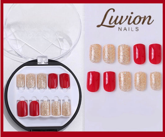 Luvion Nails Premium Press-On Nail Kit – Radiant Gold Glitter & Royal Crimson (30 Pcs)