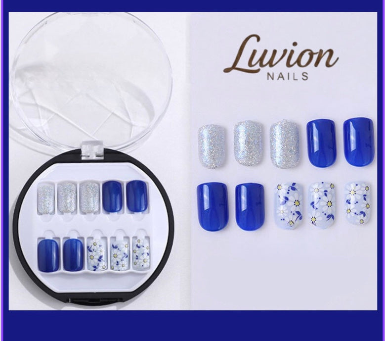 Luvion Nails Premium Press-On Nail Kit – Cobalt Bloom & Silver Moonlight (30 Pcs)