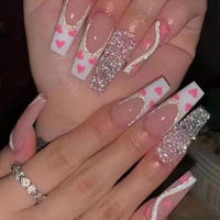 Luvion Nails Premium Press-On Kit – Romantic Pink Hearts & Diamond Shimmer Coffin (24 Pcs)