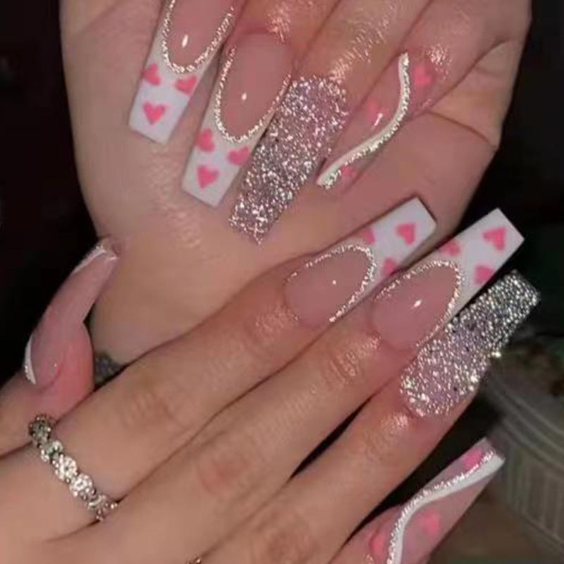 Luvion Nails Premium Press-On Kit – Romantic Pink Hearts & Diamond Shimmer Coffin (24 Pcs)