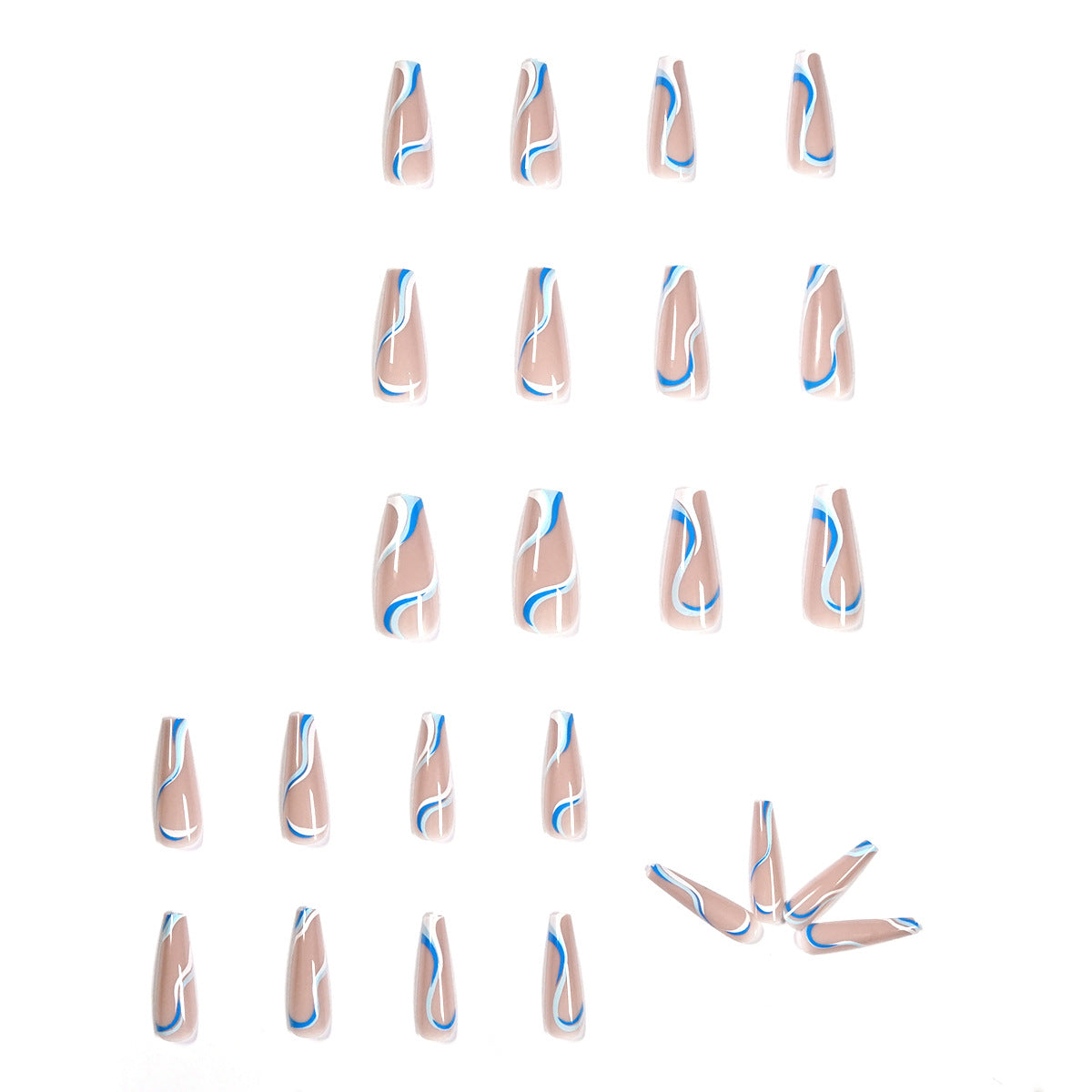Luvion Nails Premium Press-On Kit – Azure Ocean Swirl & Abstract Wave Art (24 Pcs)